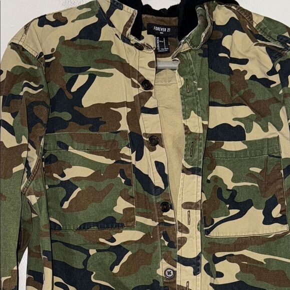 Forever 21 Brown and Green Camouflage Button Up Hooded Jacket - Picture 3 of 14